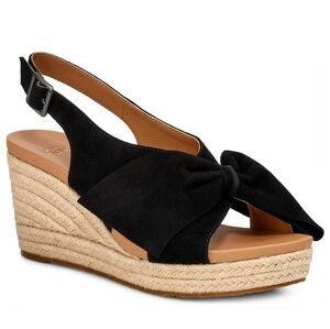 UGG "Camilla" Suede Bow Wedge Espadrille Leather Sandal Black | Women's Size 8.5